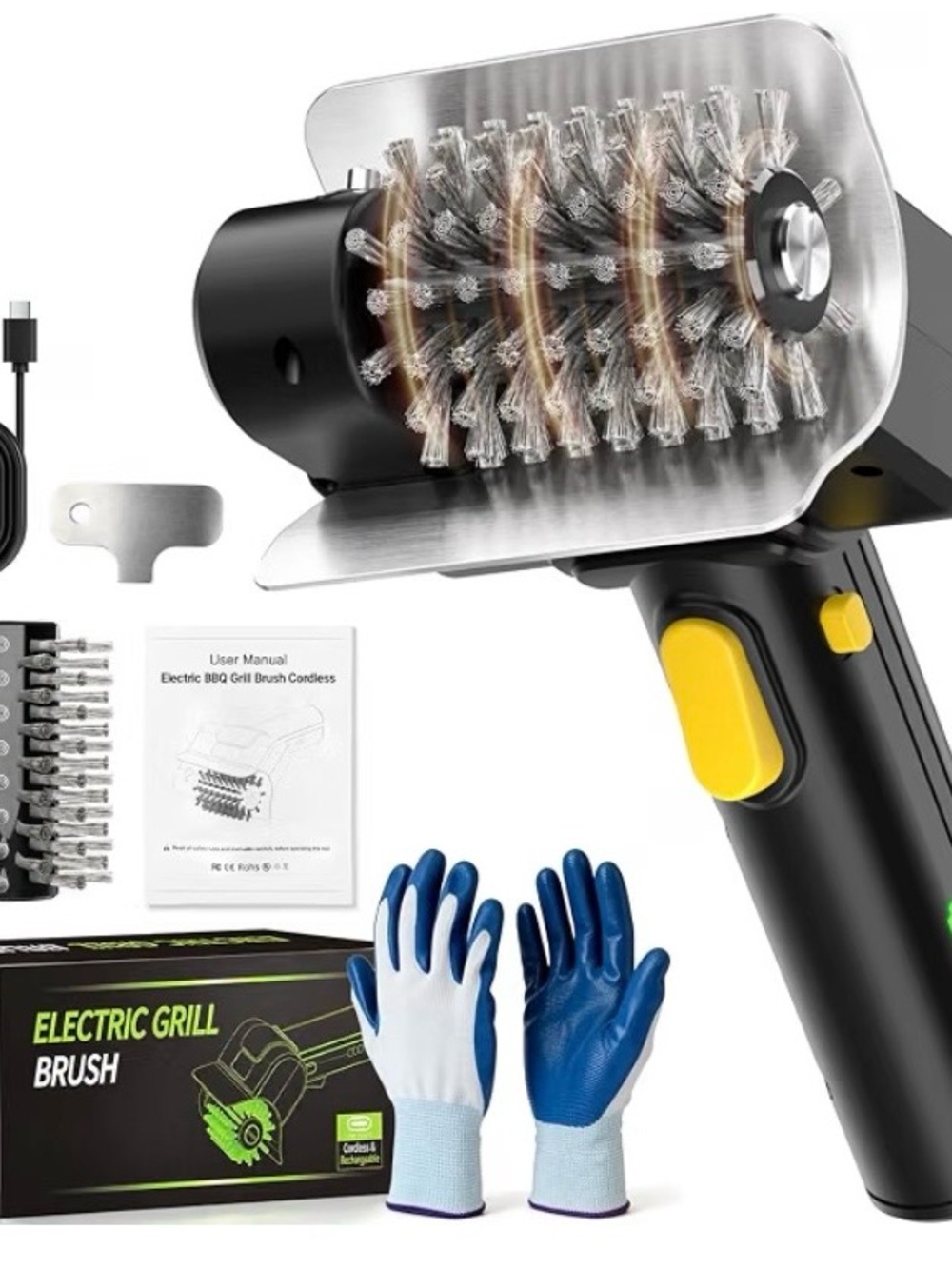 NEW Cordless Electric Grill Brush – 1100 RPM BBQ Cleaner w/ Stainless Steel Head